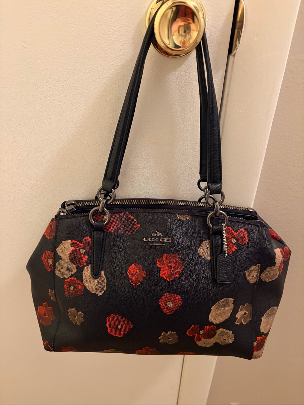COACH F55538 Halftone Floral Mini Christie Carryall Black Crossgrain Leather Bag